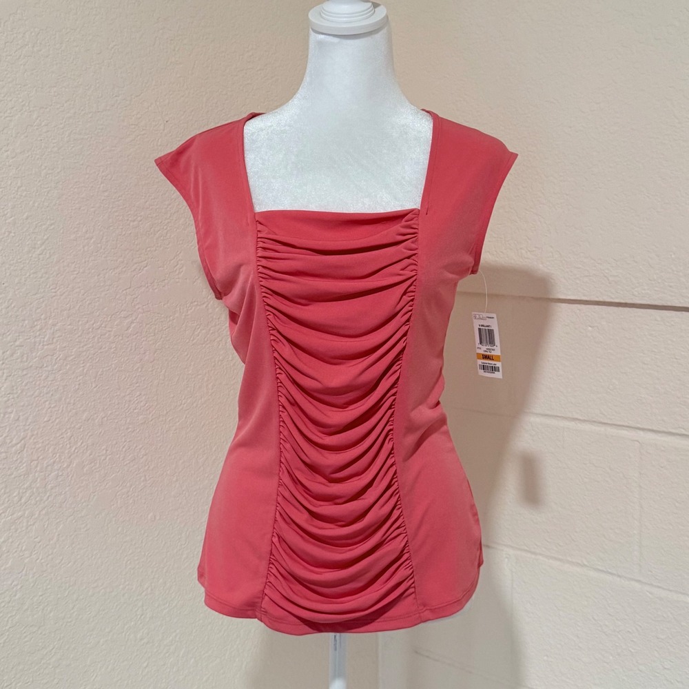 Style & Co Ruched Top Womens Small Coral Square Neck Sleeveless Office Coquette